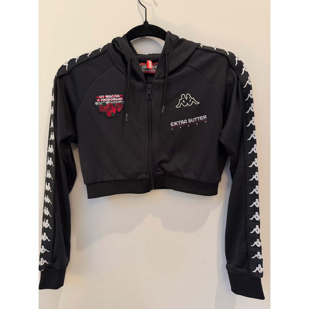 Kappa x Extra Butter x Gosha Black Cropped Zip Hoodie Logo Tape Women's Small
